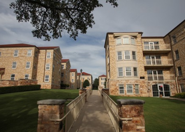 view of walkway between residence halls